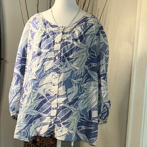 a.n.a Blue and White 3/4 Sleeve Boxy Blouse with Bib Collar